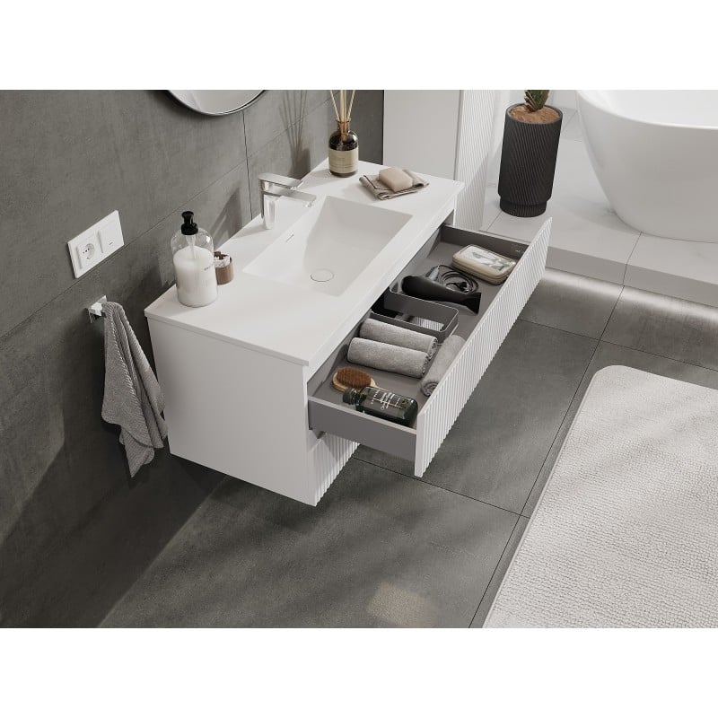 Mexen Rivel Badezimmerschrank 100 cm mit Waschbecken Otis, 2 Schubladen, geriffelt, weiß matt - 91A20-10047-2-BFF01-W18M01