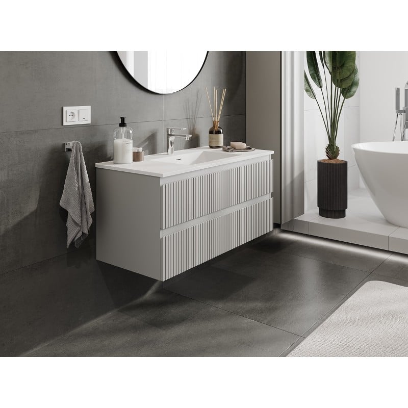 Mexen Rivel Badezimmerschrank 100 cm mit Waschbecken Otis, 2 Schubladen, gerillt, grau matt/weiß matt