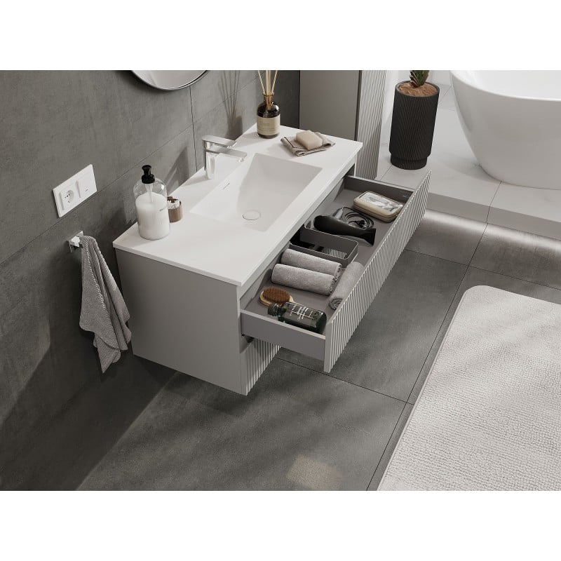 Mexen Rivel Badezimmerschrank 100 cm mit Waschbecken Otis, 2 Schubladen, gerillt, grau matt/weiß matt
