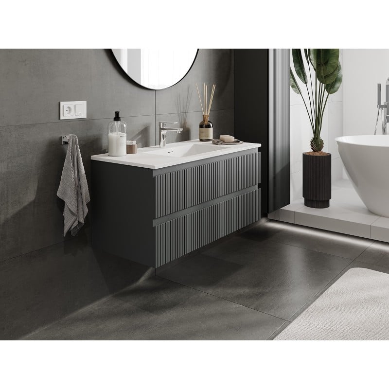 Mexen Rivel Badezimmerschrank 100 cm mit Waschbecken Otis, 2 Schubladen, geriffelt, graphit matt/weiß matt -