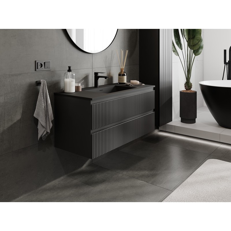 Mexen Rivel Badezimmerschrank 100 cm mit Waschbecken Otis, 2 Schubladen, geriffelt, schwarz matt - 91A20-10047-2-BFF71-W18M71