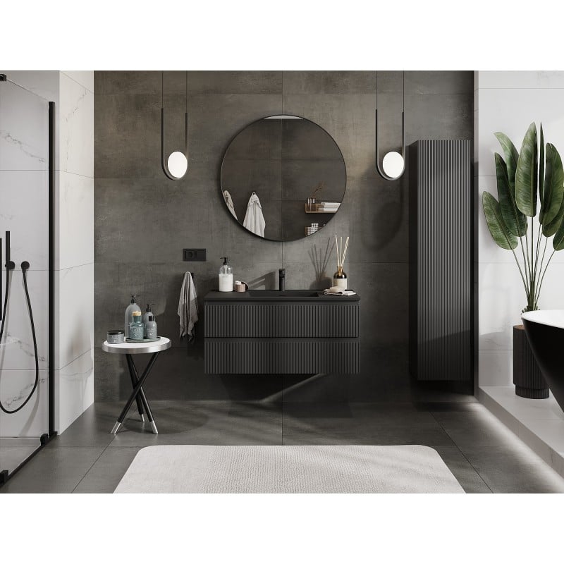 Mexen Rivel Badezimmerschrank 100 cm mit Waschbecken Otis, 2 Schubladen, geriffelt, schwarz matt - 91A20-10047-2-BFF71-W18M71