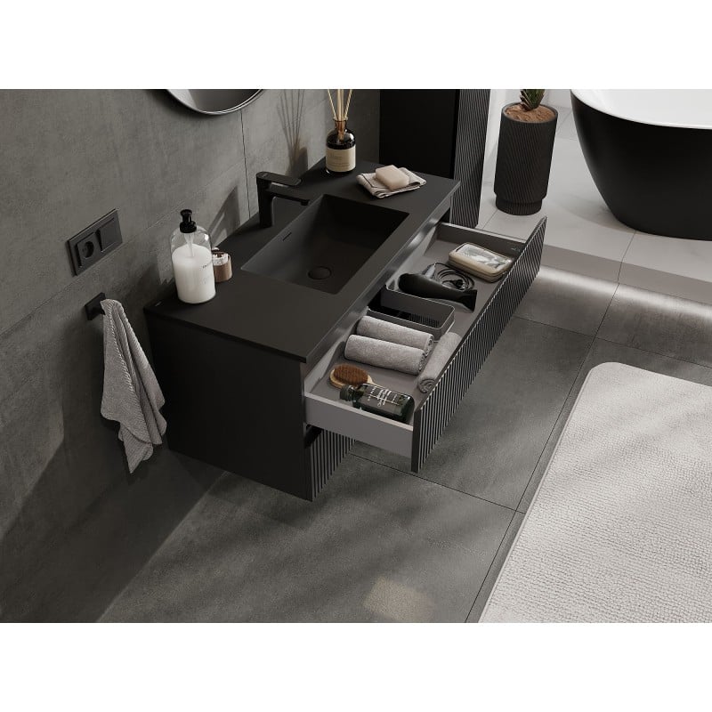 Mexen Rivel Badezimmerschrank 100 cm mit Waschbecken Otis, 2 Schubladen, geriffelt, schwarz matt - 91A20-10047-2-BFF71-W18M71