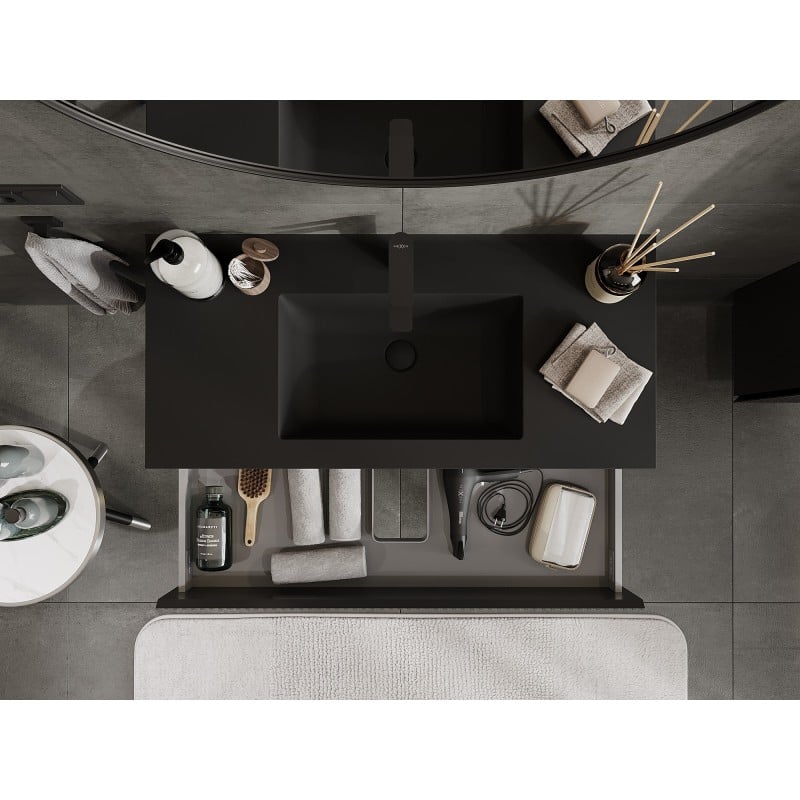 Mexen Rivel Badezimmerschrank 100 cm mit Waschbecken Otis, 2 Schubladen, geriffelt, schwarz matt - 91A20-10047-2-BFF71-W18M71