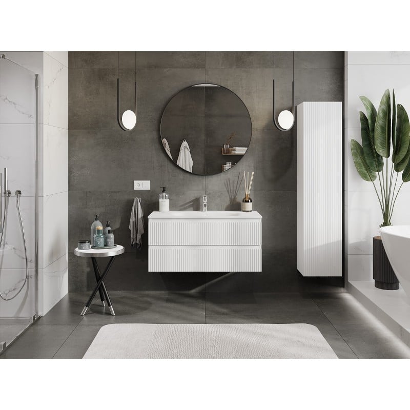 Mexen Rivel Badezimmerschrank 100 cm mit Waschbecken Vela, 2 Schubladen, geriffelt, weiß matt - 91A20-10047-2-BFF01-W23M01