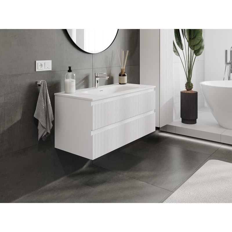 Mexen Rivel Badezimmerschrank 100 cm mit Waschbecken Vela, 2 Schubladen, geriffelt, weiß matt - 91A20-10047-2-BFF01-W23M01