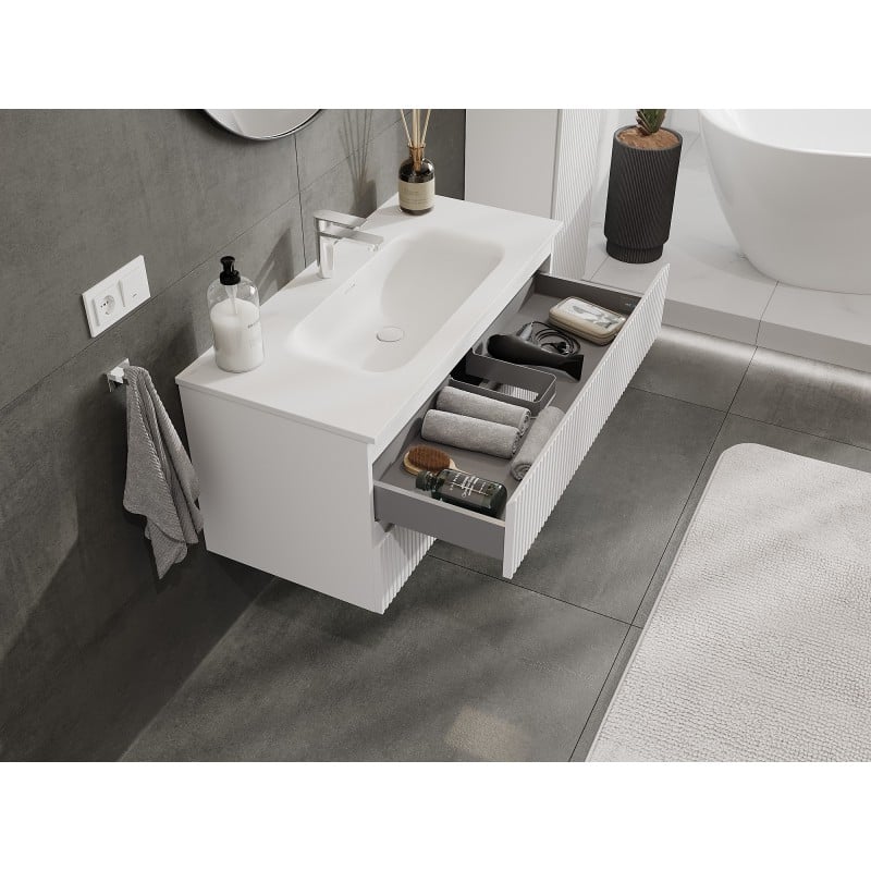 Mexen Rivel Badezimmerschrank 100 cm mit Waschbecken Vela, 2 Schubladen, geriffelt, weiß matt - 91A20-10047-2-BFF01-W23M01