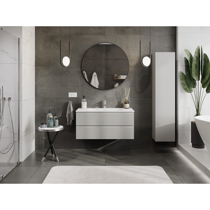Mexen Rivel Badschrank 100 cm mit Waschbecken Vela, 2 Schubladen, geriffelt, grau matt/weiß matt - 91A20-10047-2-BFF62-W23M01