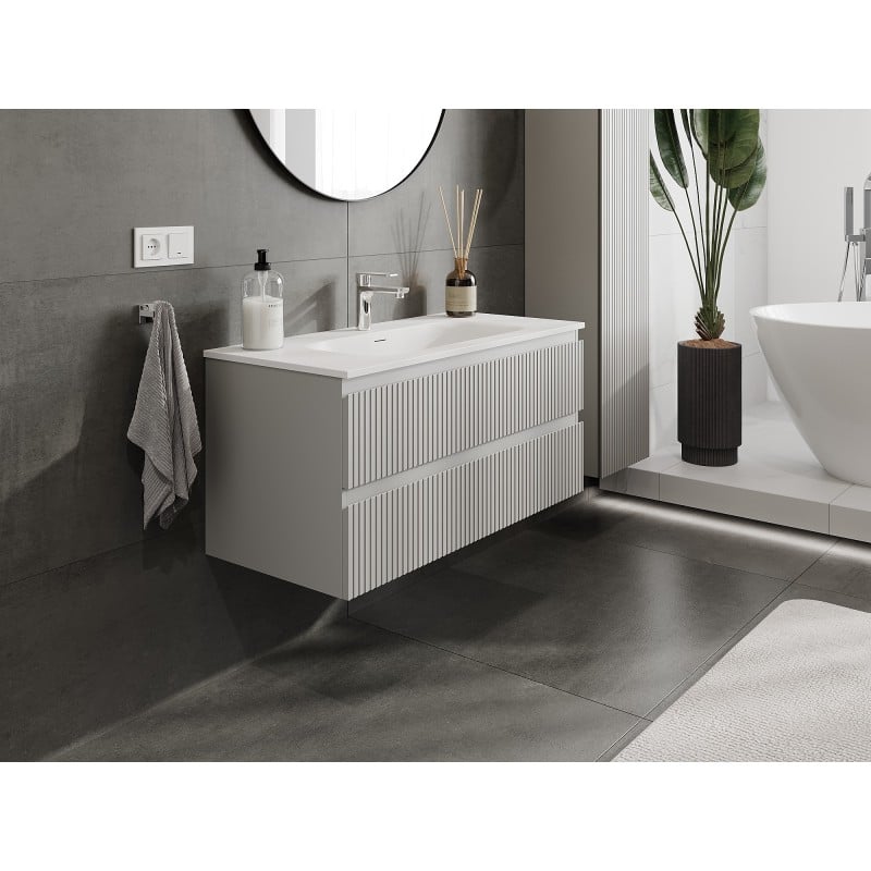 Mexen Rivel Badschrank 100 cm mit Waschbecken Vela, 2 Schubladen, geriffelt, grau matt/weiß matt - 91A20-10047-2-BFF62-W23M01