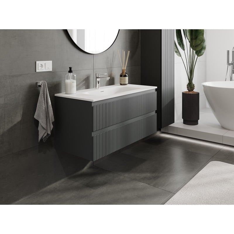 Mexen Rivel Badezimmerschrank 100 cm mit Waschbecken Vela, 2 Schubladen, geriffelt, Graphit Matt/Weiß Matt -