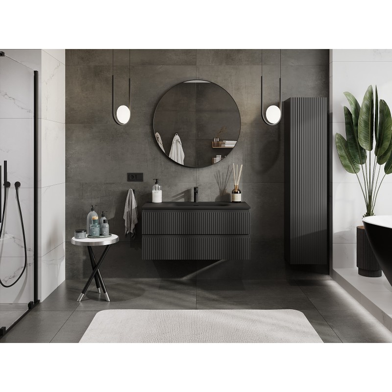 Mexen Rivel Badezimmermöbel 100 cm mit Waschbecken Vela, 2 Schubladen, geriffelt, schwarz matt - 91A20-10047-2-BFF71-W23M71