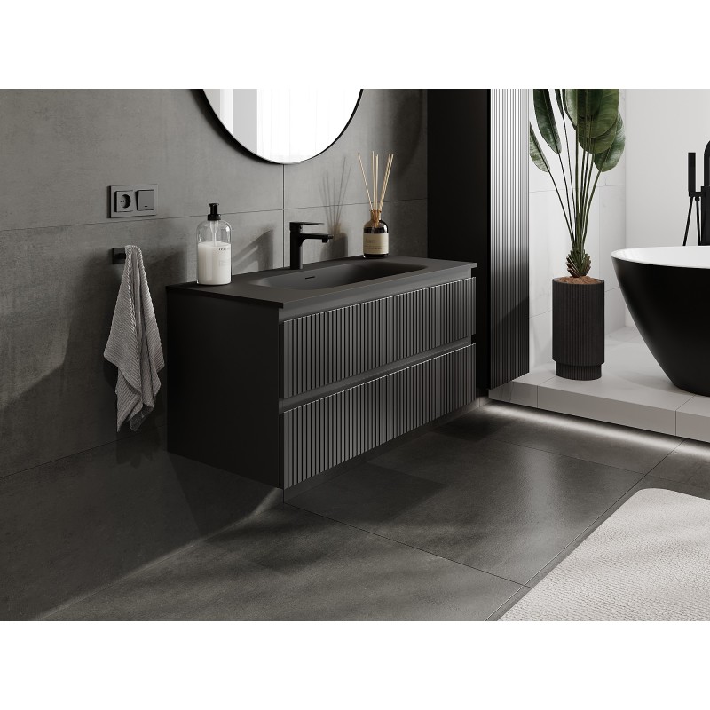 Mexen Rivel Badezimmermöbel 100 cm mit Waschbecken Vela, 2 Schubladen, geriffelt, schwarz matt - 91A20-10047-2-BFF71-W23M71