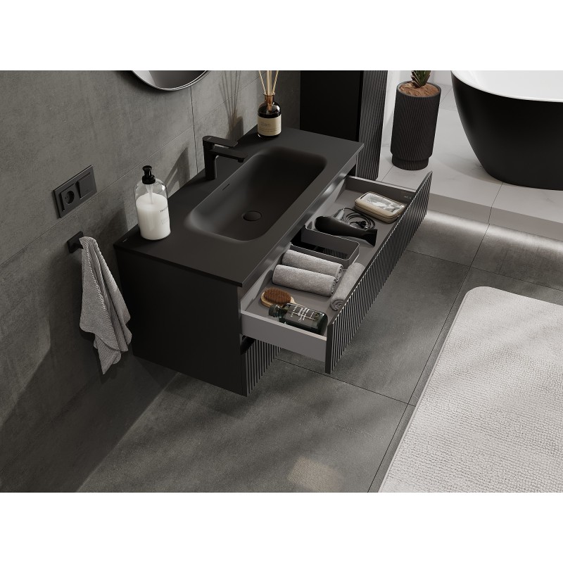 Mexen Rivel Badezimmermöbel 100 cm mit Waschbecken Vela, 2 Schubladen, geriffelt, schwarz matt - 91A20-10047-2-BFF71-W23M71