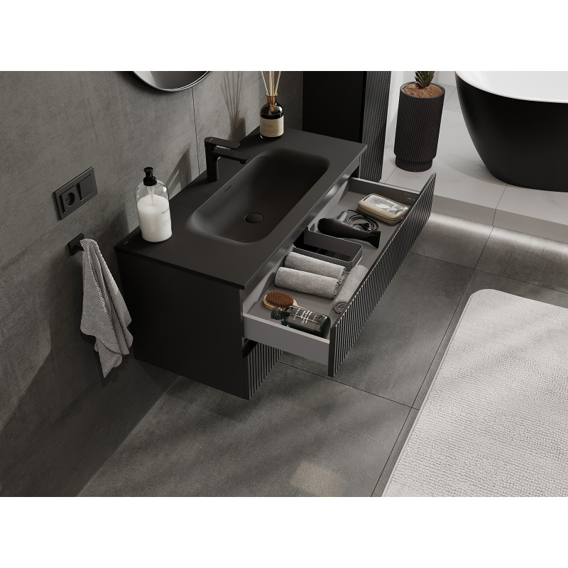 Mexen Rivel Badezimmerschrank 100 cm mit Waschbecken Vela, 2 Schubladen, geriffelt, schwarz matt - 91A20-10047-2-BFF71-W23M71