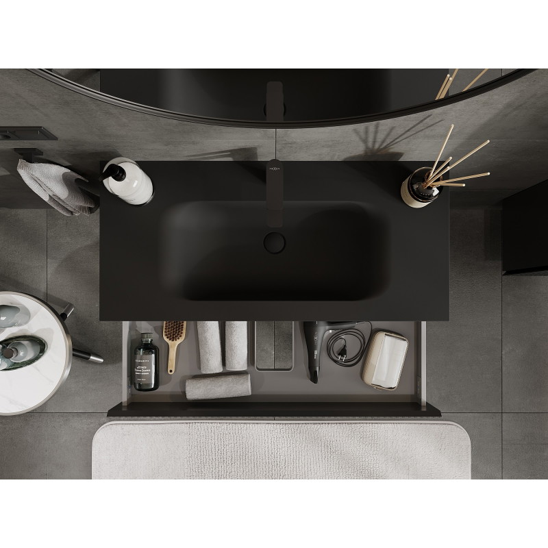 Mexen Rivel Badezimmerschrank 100 cm mit Waschbecken Vela, 2 Schubladen, geriffelt, schwarz matt - 91A20-10047-2-BFF71-W23M71