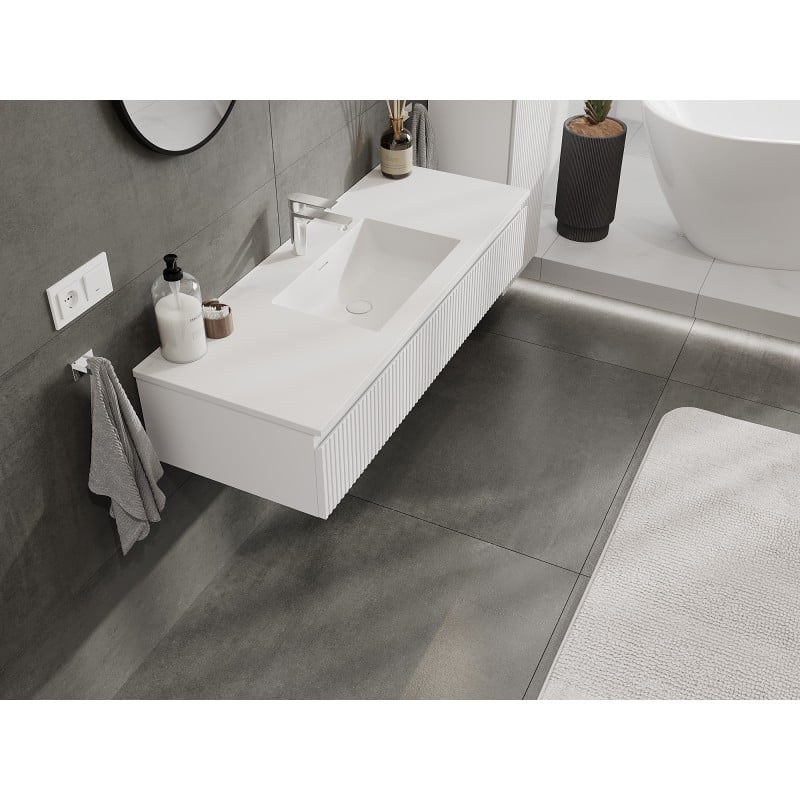 Mexen Rivel Badezimmerschrank 120 cm mit Waschbecken Otis, 1 Schublade, geriffelt, weiß matt - 91A20-12023-1-BF01-W18M01