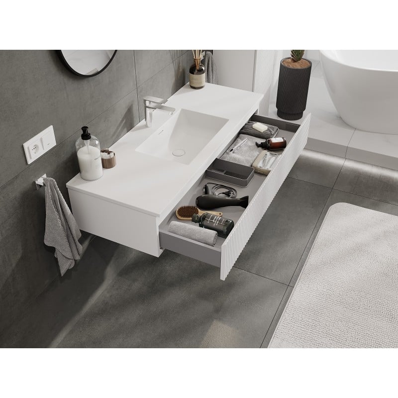 Mexen Rivel Badezimmerschrank 120 cm mit Waschbecken Otis, 1 Schublade, geriffelt, weiß matt - 91A20-12023-1-BF01-W18M01