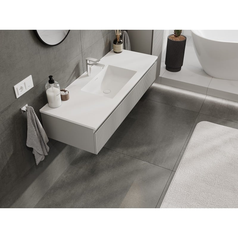 Mexen Rivel Badezimmerschrank 120 cm mit Waschbecken Otis, 1 Schublade, geriffelt, grau matt/weiß matt