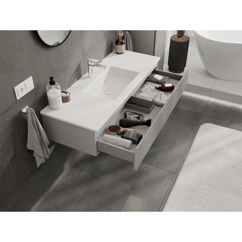 Mexen Rivel Badezimmerschrank 120 cm mit Waschbecken Otis, 1 Schublade, geriffelt, grau matt/weiß matt