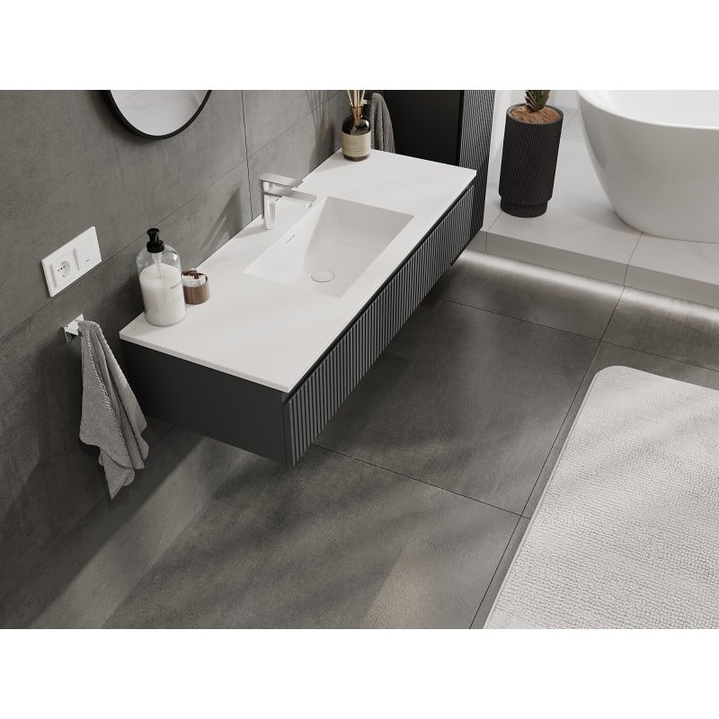 Mexen Rivel Badezimmerschrank 120 cm mit Waschbecken Otis, 1 Schublade, gerillt, Graphit matt/weiß matt -