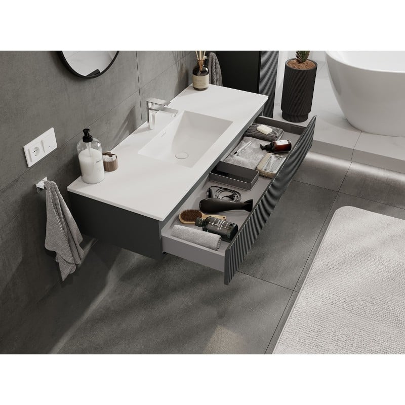 Mexen Rivel Badezimmerschrank 120 cm mit Waschbecken Otis, 1 Schublade, gerillt, Graphit matt/weiß matt -