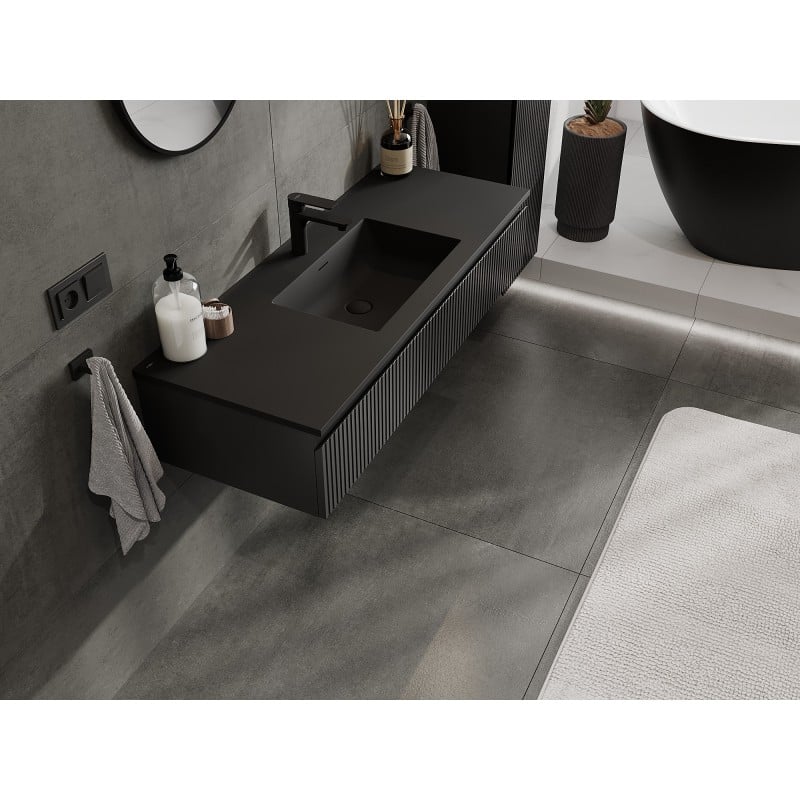 Mexen Rivel Badezimmerschrank 120 cm mit Waschbecken Otis, 1 Schublade, geriffelt, schwarz matt - 91A20-12023-1-BF71-W18M71