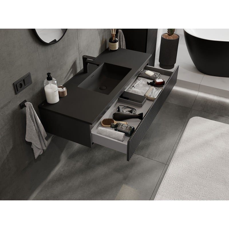 Mexen Rivel Badezimmerschrank 120 cm mit Waschbecken Otis, 1 Schublade, geriffelt, schwarz matt - 91A20-12023-1-BF71-W18M71