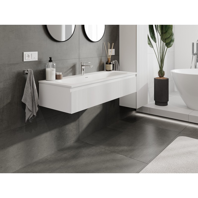 Mexen Rivel Badezimmerschrank 120 cm mit Waschbecken Vela, 1 Schublade, geriffelt, weiß matt - 91A20-12023-1-BF01-W23M01