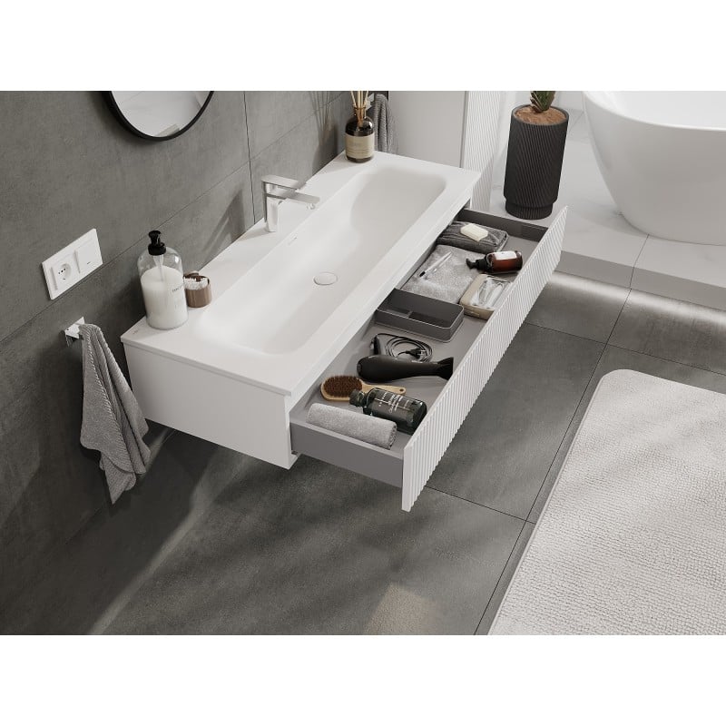 Mexen Rivel Badezimmerschrank 120 cm mit Waschbecken Vela, 1 Schublade, geriffelt, weiß matt - 91A20-12023-1-BF01-W23M01