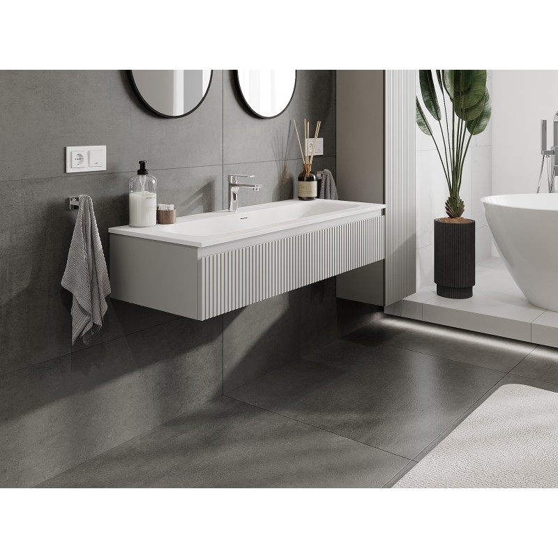 Mexen Rivel Badezimmerschrank 120 cm mit Waschbecken Vela, 1 Schublade, geriffelt, grau matt/weiß matt