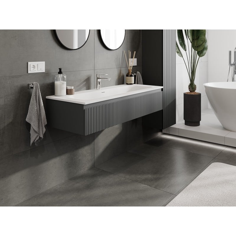 Mexen Rivel Badezimmerschrank 120 cm mit Waschbecken Vela, 1 Schublade, geriffelt, Grafit matt/Weiß matt -