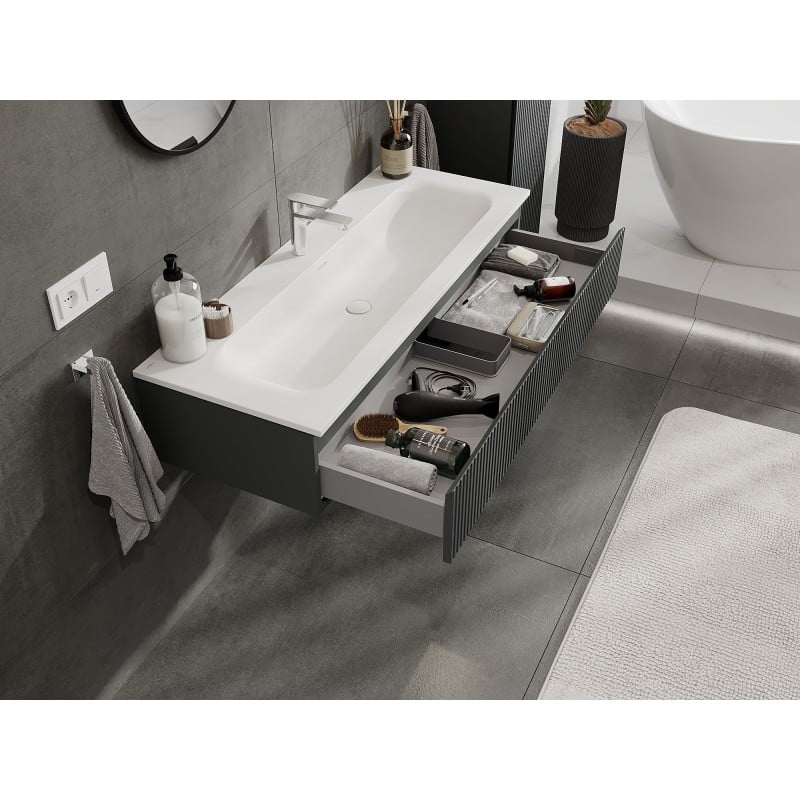 Mexen Rivel Badezimmerschrank 120 cm mit Waschbecken Vela, 1 Schublade, geriffelt, Grafit matt/Weiß matt -