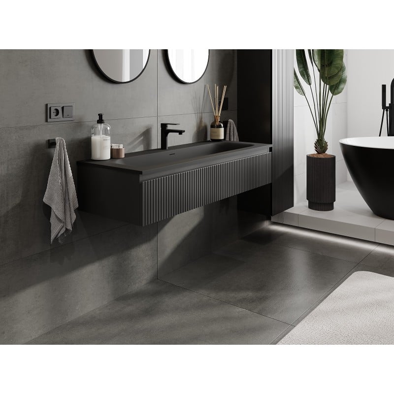 Mexen Rivel Badezimmerschrank 120 cm mit Waschbecken Vela, 1 Schublade, gerillt, schwarz matt - 91A20-12023-1-BF71-W23M71