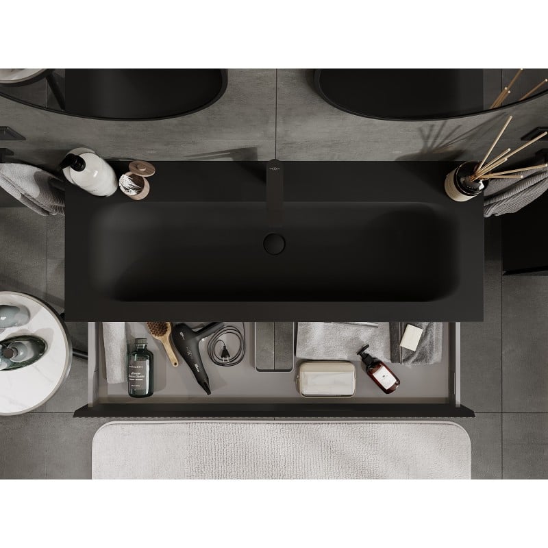 Mexen Rivel Badezimmerschrank 120 cm mit Waschbecken Vela, 1 Schublade, gerillt, schwarz matt - 91A20-12023-1-BF71-W23M71