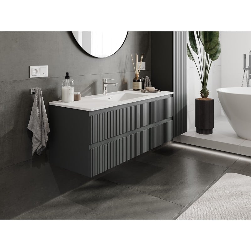 Mexen Rivel Badezimmerschrank 120 cm mit Waschbecken Otis, 2 Schubladen, gerillt, graphit matt/weiß matt -