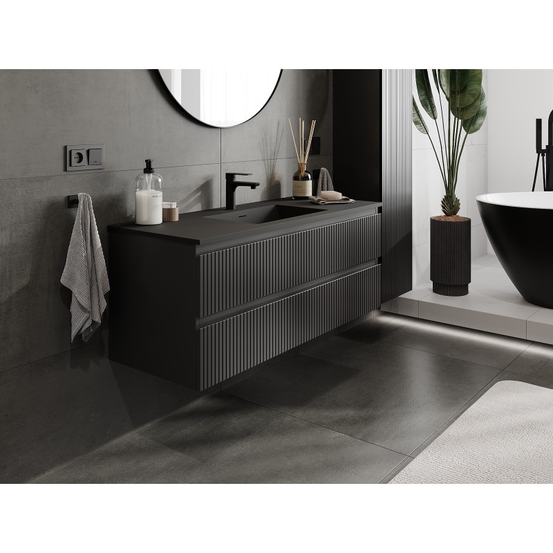 Mexen Rivel Badezimmerschrank 120 cm mit Waschbecken Otis, 2 Schubladen, geriffelt, schwarz matt - 91A20-12047-2-BFF71-W18M71