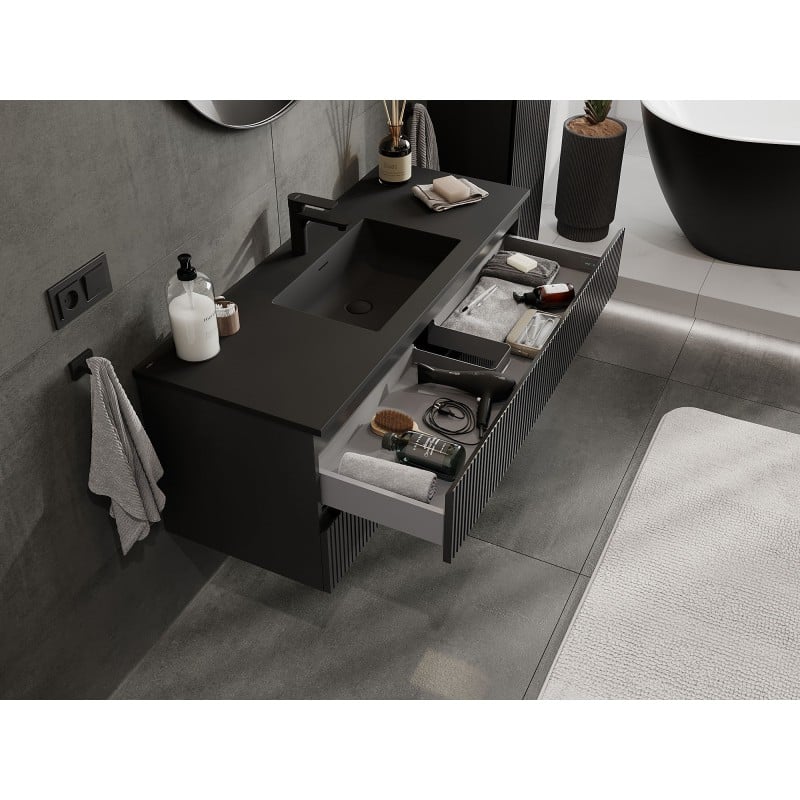 Mexen Rivel Badezimmerschrank 120 cm mit Waschbecken Otis, 2 Schubladen, geriffelt, schwarz matt - 91A20-12047-2-BFF71-W18M71
