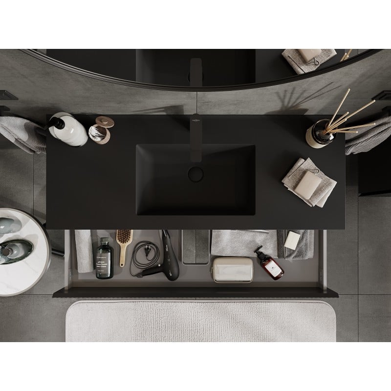 Mexen Rivel Badezimmerschrank 120 cm mit Waschbecken Otis, 2 Schubladen, geriffelt, schwarz matt - 91A20-12047-2-BFF71-W18M71