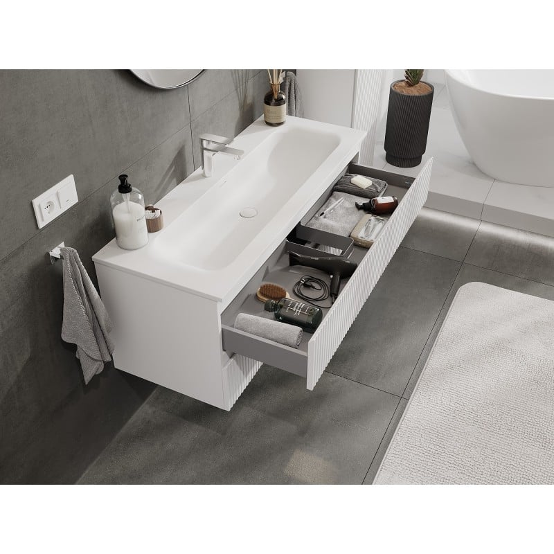 Mexen Rivel Badezimmerschrank 120 cm mit Waschbecken Vela, 2 Schubladen, geriffelt, weiß matt - 91A20-12047-2-BFF01-W23M01
