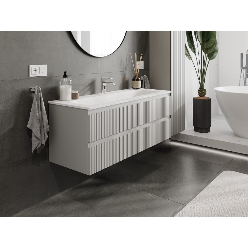 Mexen Rivel Badezimmerschrank 120 cm mit Waschbecken Vela, 2 Schubladen, geriffelt, grau matt/weiß matt -