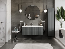 Mexen Rivel Badezimmerschrank 120 cm mit Waschbecken Vela, 2 Schubladen, geriffelt, matt Graphit/weiß matt -