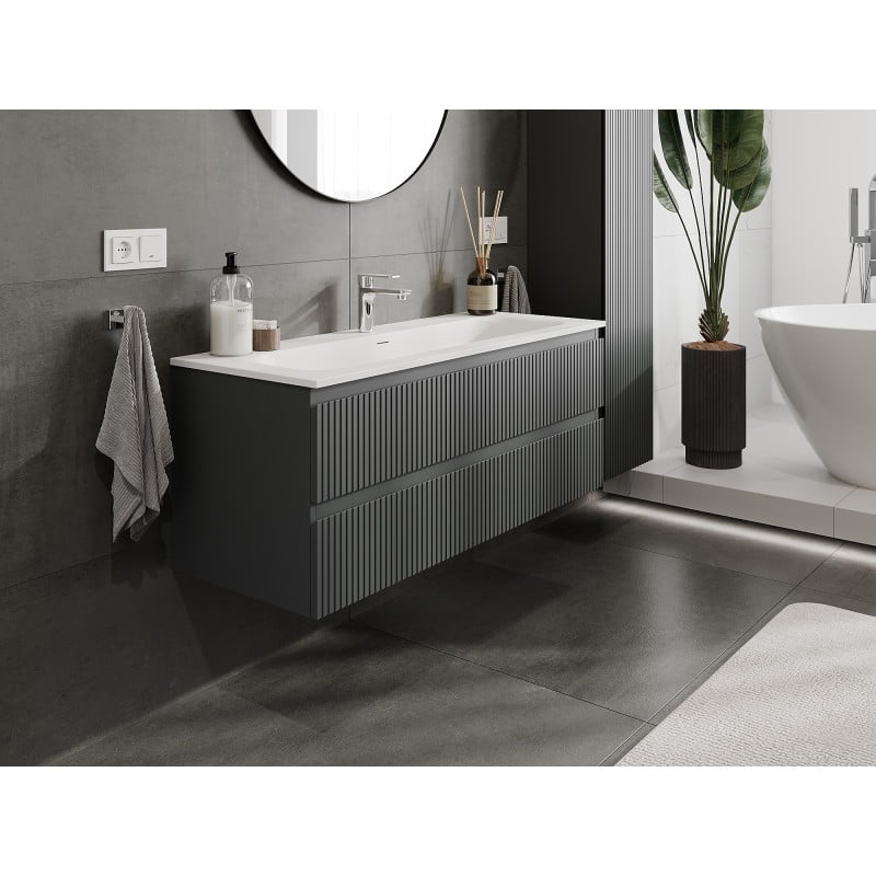 Mexen Rivel Badezimmerschrank 120 cm mit Waschbecken Vela, 2 Schubladen, geriffelt, matt Graphit/weiß matt -