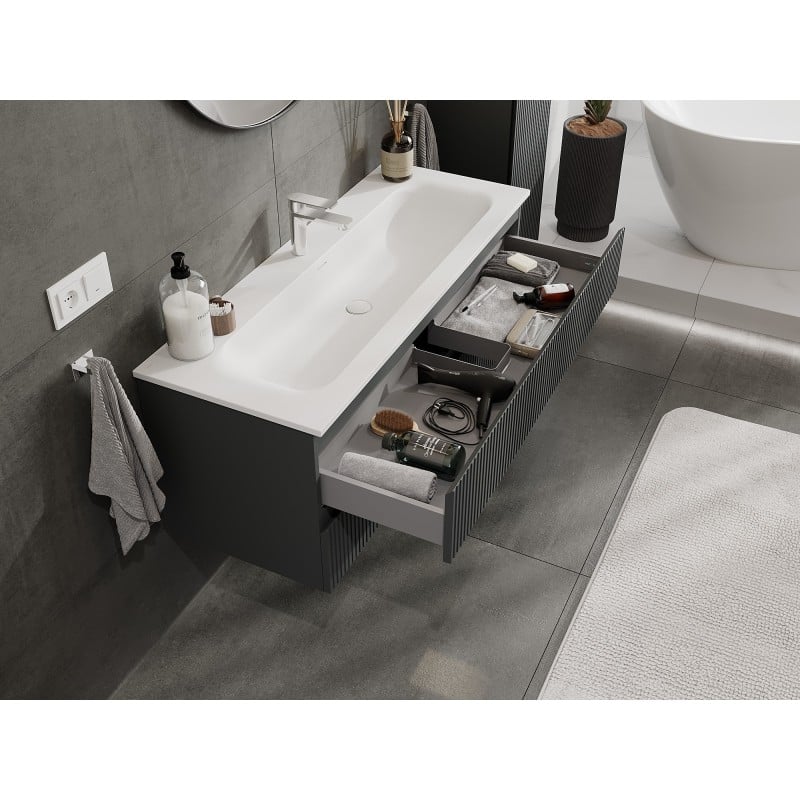 Mexen Rivel Badezimmerschrank 120 cm mit Waschbecken Vela, 2 Schubladen, geriffelt, matt Graphit/weiß matt -