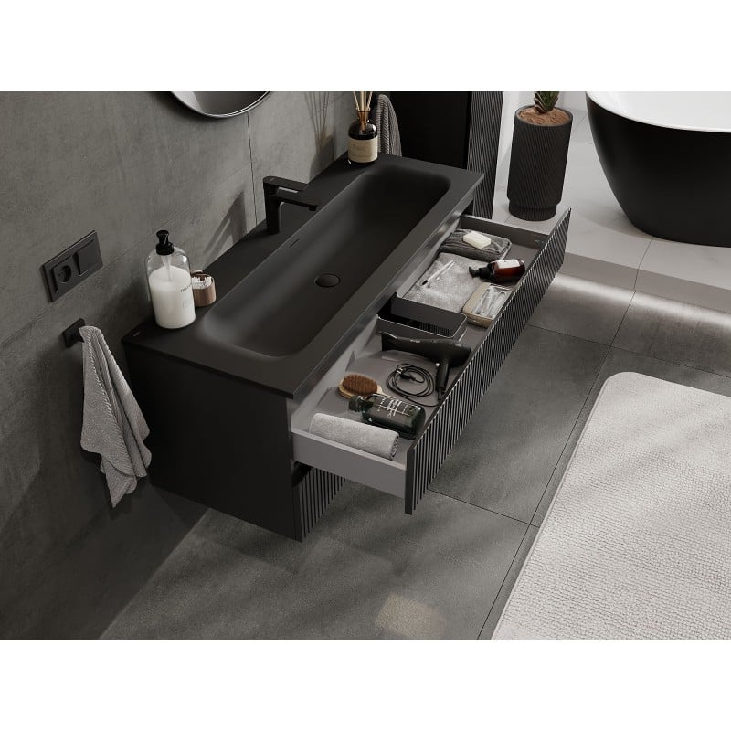 Mexen Rivel Badezimmerschrank 120 cm mit Waschbecken Vela, 2 Schubladen, geriffelt, schwarz matt - 91A20-12047-2-BFF71-W23M71