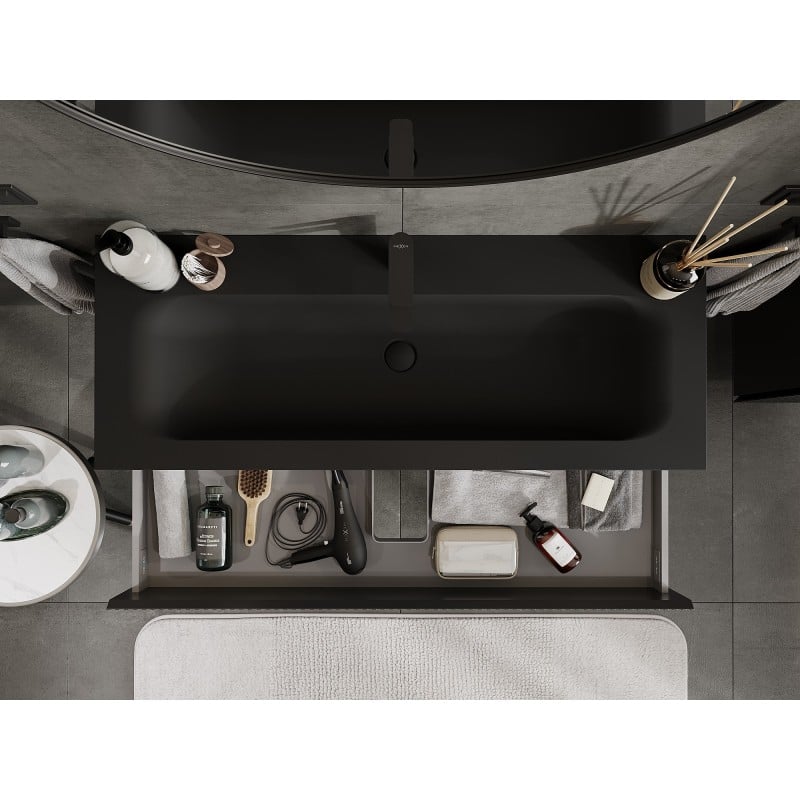 Mexen Rivel Badezimmerschrank 120 cm mit Waschbecken Vela, 2 Schubladen, geriffelt, schwarz matt - 91A20-12047-2-BFF71-W23M71
