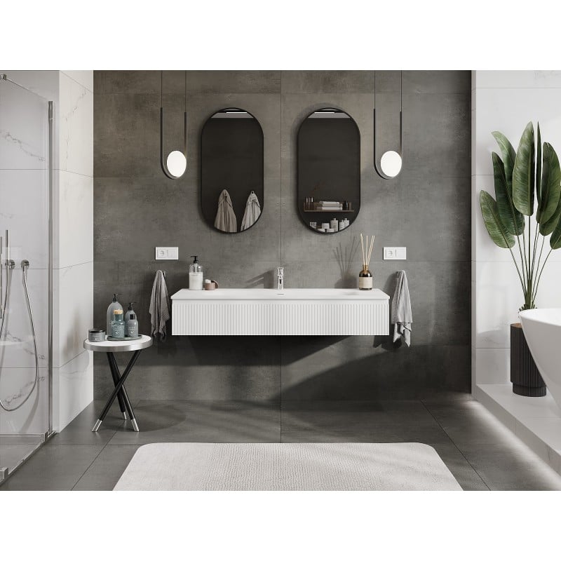 Mexen Rivel Badezimmerschrank 140 cm mit Waschbecken Vela, 1 Schublade, gerillt, weiß matt - 91A20-14023-1-BF01-W23M01