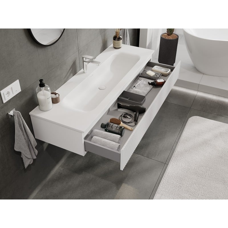 Mexen Rivel Badezimmerschrank 140 cm mit Waschbecken Vela, 1 Schublade, gerillt, weiß matt - 91A20-14023-1-BF01-W23M01
