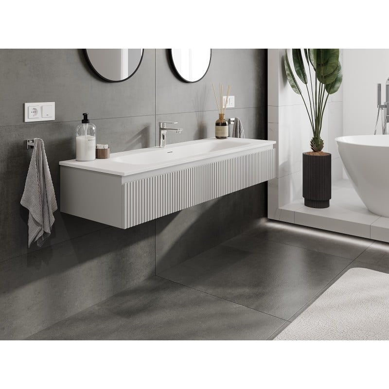 Mexen Rivel Badezimmerschrank 140 cm mit Waschbecken Vela, 1 Schublade, geriffelt, grau matt/weiß matt