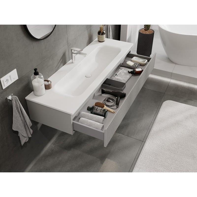 Mexen Rivel Badezimmerschrank 140 cm mit Waschbecken Vela, 1 Schublade, geriffelt, grau matt/weiß matt