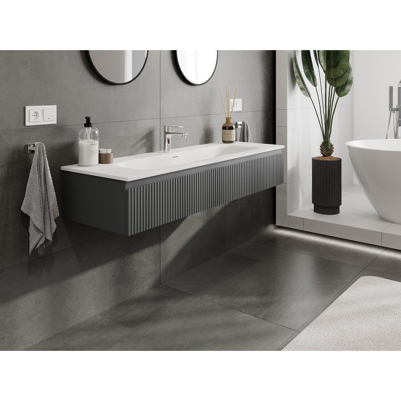 Mexen Rivel Badezimmerschrank 140 cm mit Waschbecken Vela, 1 Schublade, gerillt, graphit matt/weiß matt -